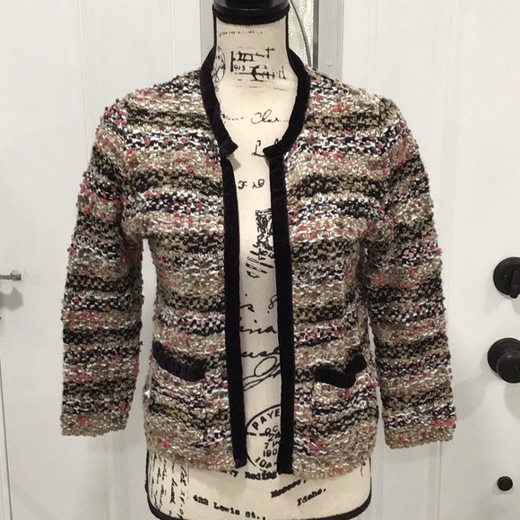 🆕 MNG Tweed Velvet Trim Blazer Open Front Two Pockets 3/4 Sleeves P2P 18” - Picture 1 of 12